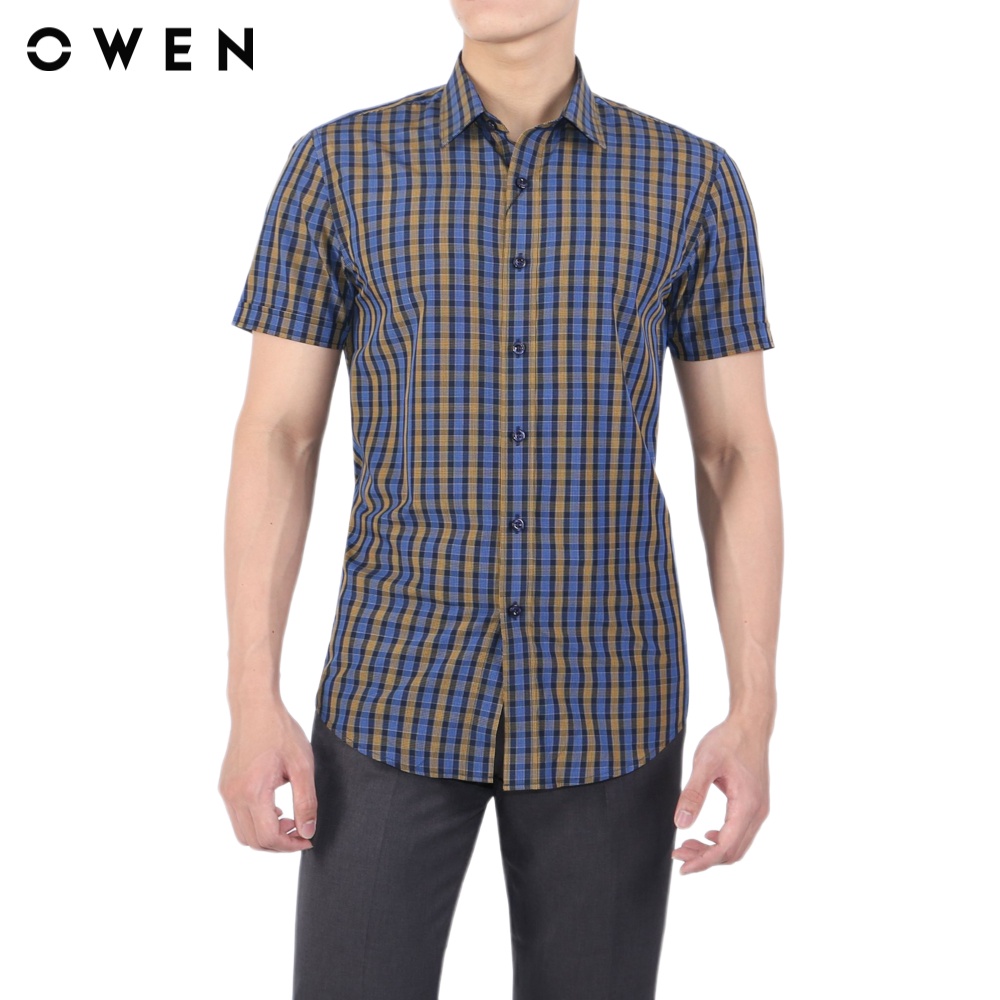 Áo sơ mi ngắn tay Nam Owen Bamboo Slim Fit Navy vàng - AS23206N