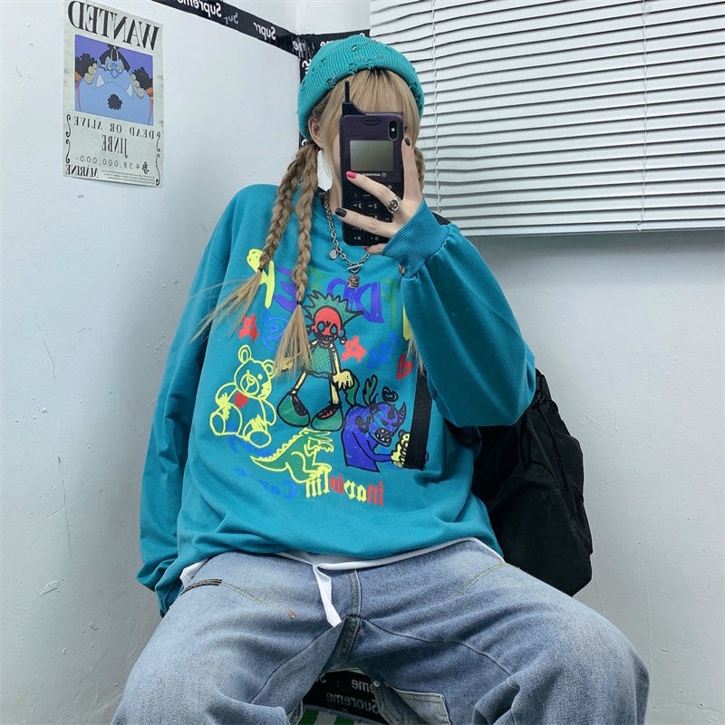 ZHELIHANGFEI Áo Sweater Tay Dài Dáng Rộng In Họa Tiết Trẻ Trung