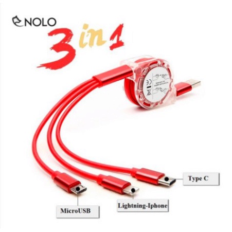 Dây Cáp Cuộn Sạc Nhanh 3 ĐẦU RÚT MicroUSB,Type C,IPDây TPE Lõi Đồng Thông Minh Siêu Bền Redminshop