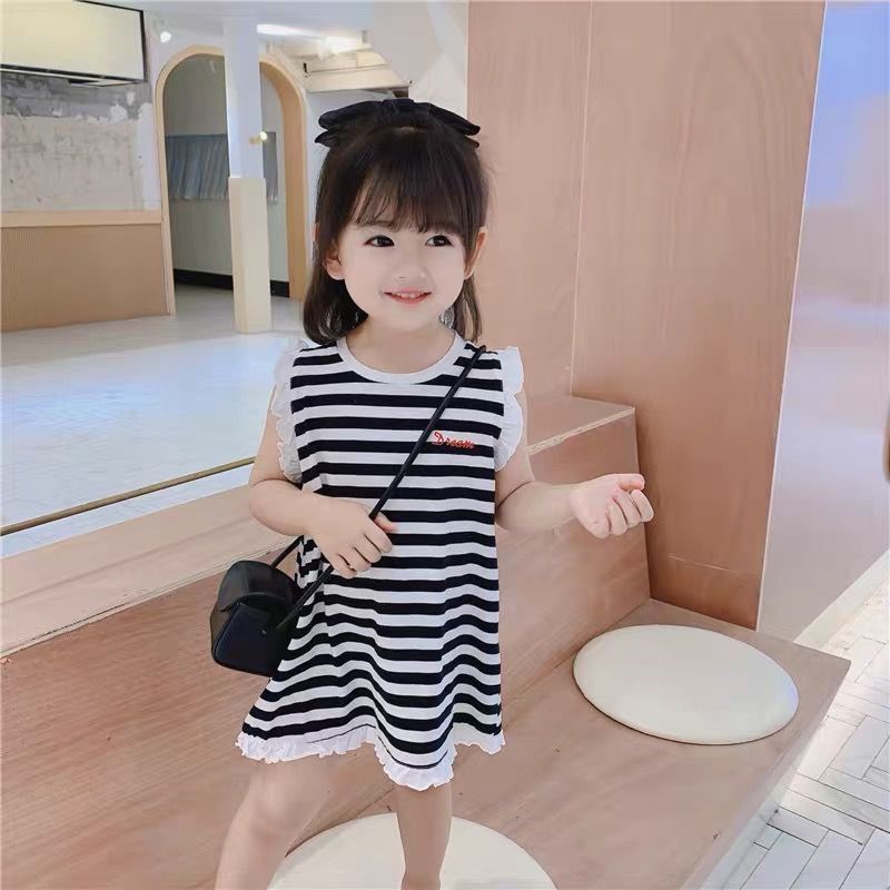 Đầm thun không tay kẻ sọc thiết kế mới thời trang mùa hè theo phong cách hàn quốc cho bé gái