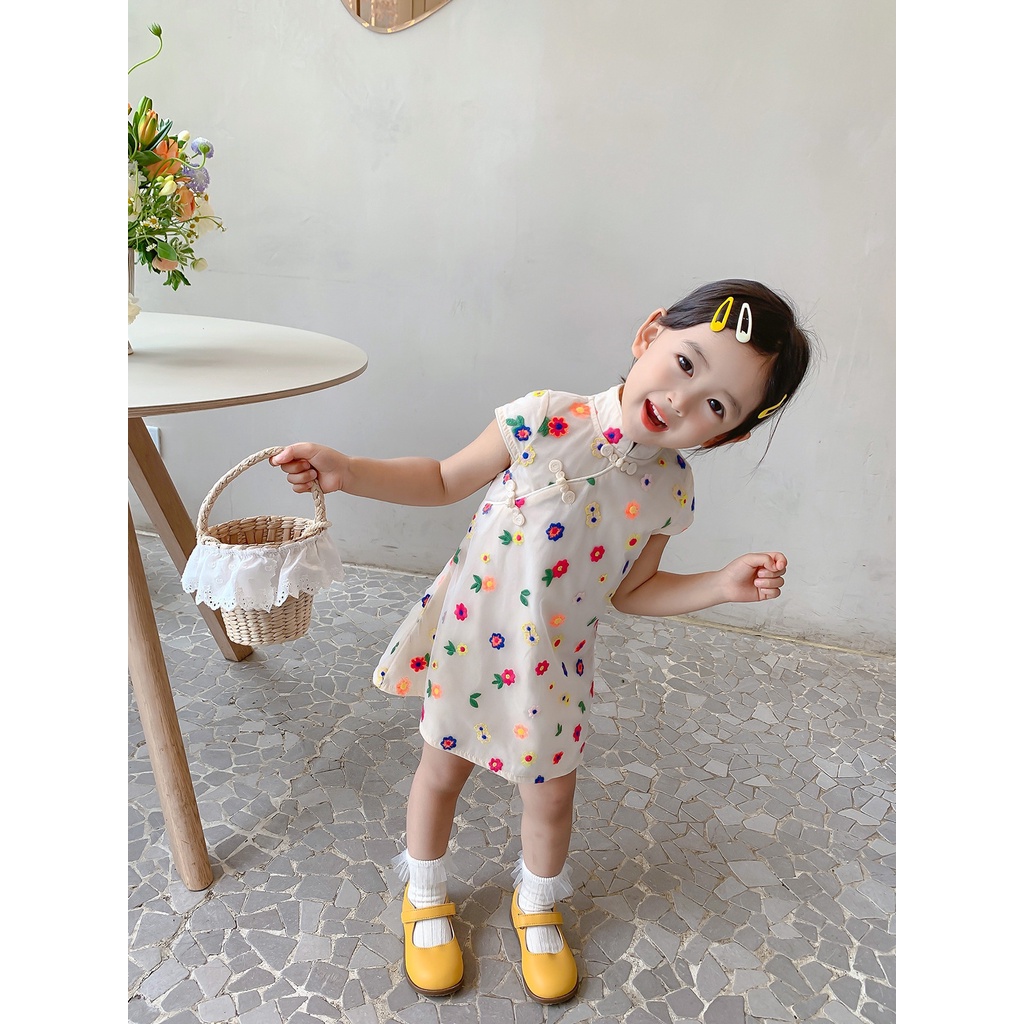 SANITKUN Đầm Sườn Xám Thêu Hoa Dễ Thương Cho Bé Gái