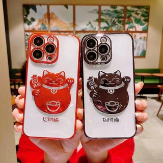 Mới Ốp Điện Thoại Mạ Điện Hình Mèo May Mắn 3D Cho Iphone 13 Promax XR 12