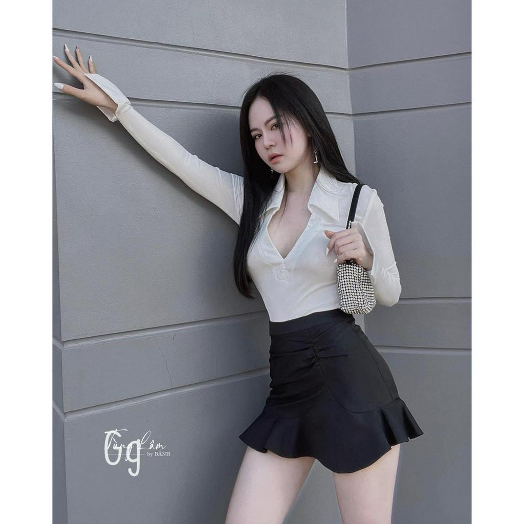 set áo trắng cổ  bẻ tay dài kèm chân váy đuôi cá ngắn xinh