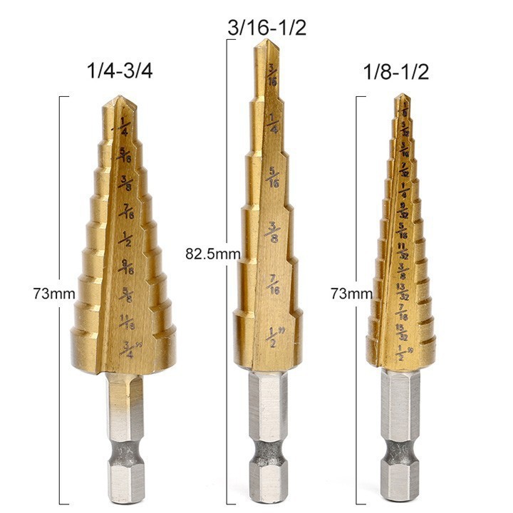 Bộ 3 mũi khoan bước tháp titanium 3.17-19mm khoan sắt,tôn