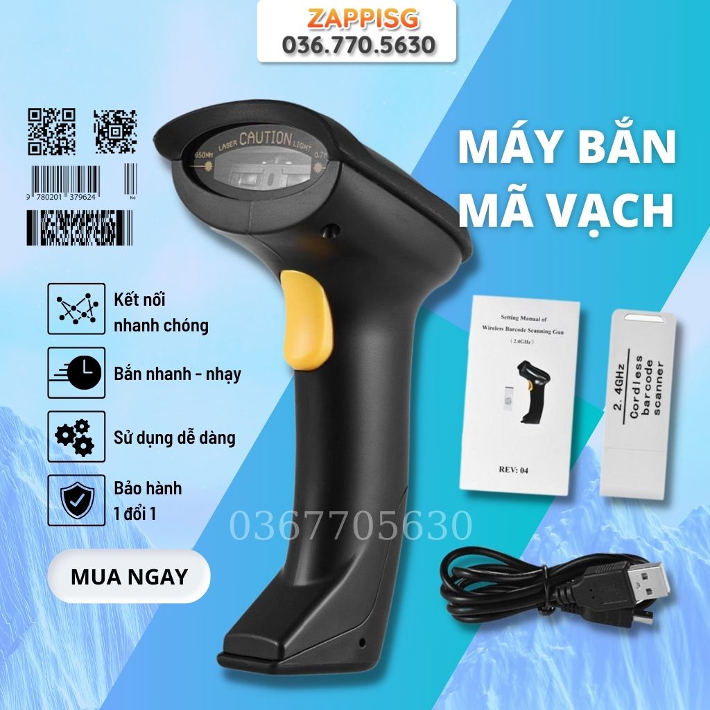 Máy Bắn Mã Vạch Không Dây, Máy Quét Mã Vạch Wireless 2.4G, Kết Nối Bluetooth