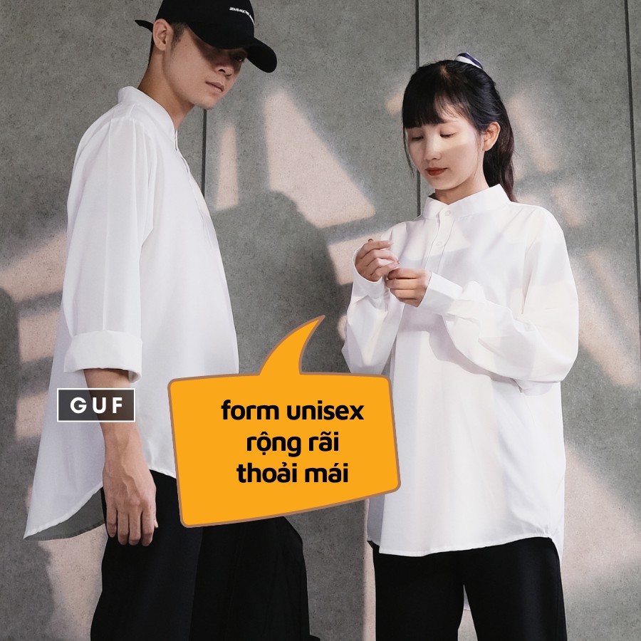 Áo Sơ Mi Nam Nữ Cổ Tàu Unisex Vải Kate Mềm Mại, Form Unisex Rộng Rãi Dễ Phối Đồ, Đủ 2 Màu Basic Trắng Đen GUF