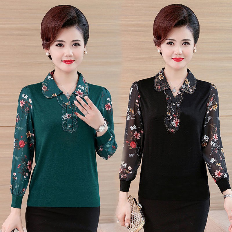 mẹ mới quần áo xuân thu ngoại voan nhỏ phụ nữ trung niên dài tay phông sơ mi phía trên cỡ lớn cho người và cao tu