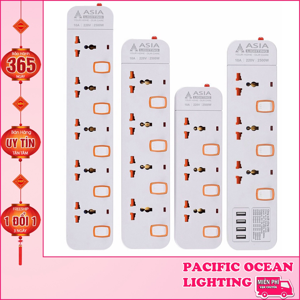 Ổ Cắm Điện Đa Năng Có Cổng USB 5V ASIA Dây Dài 3m 5m Kiểu Dáng Hiện Đại Có Nắp Che AN Toàn Chống Giật