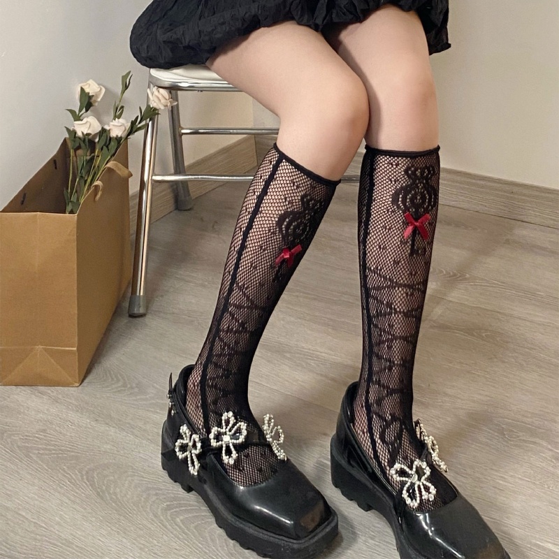 XIXI Tất Lưới Cao Qua Gối Đính Nơ Phong Cách Lolita Cho Nữ