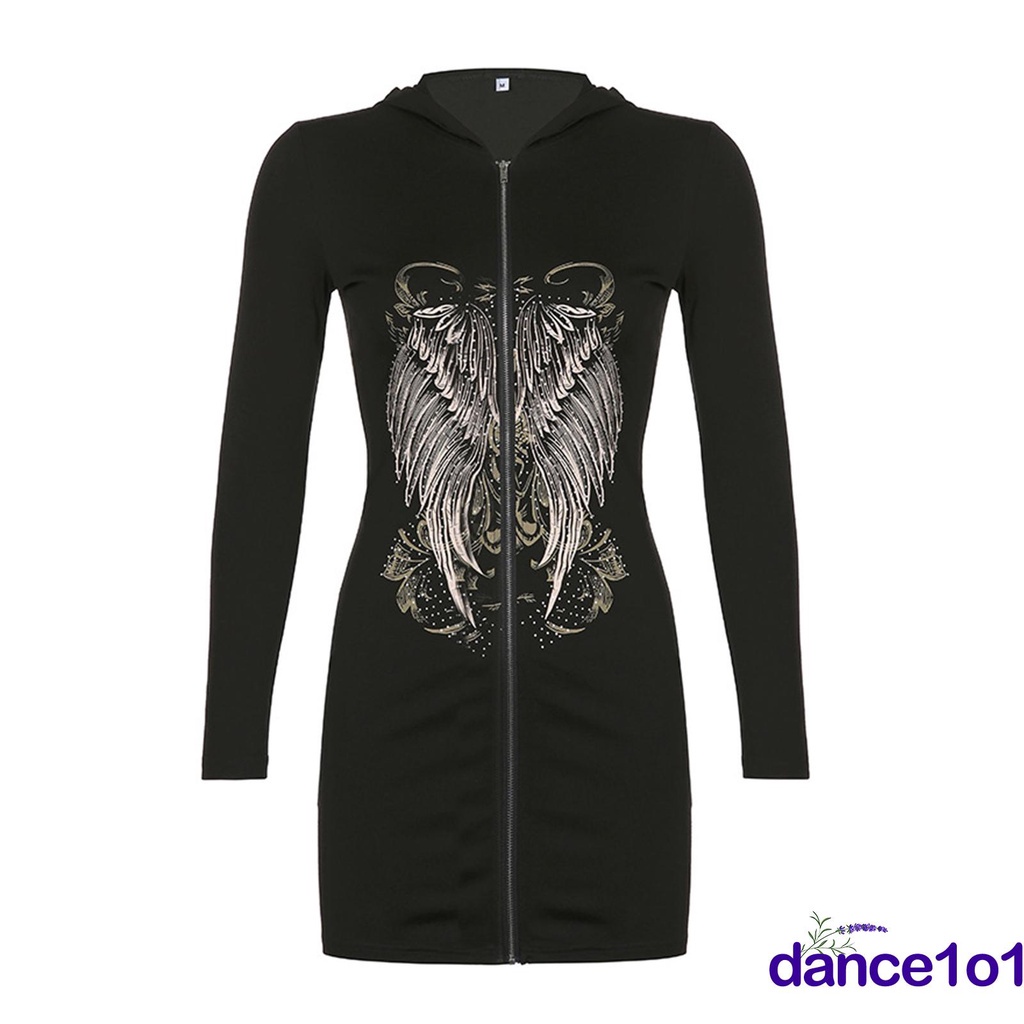 Đầm tay dài có nón in hình đôi cánh thời trang cho nữ