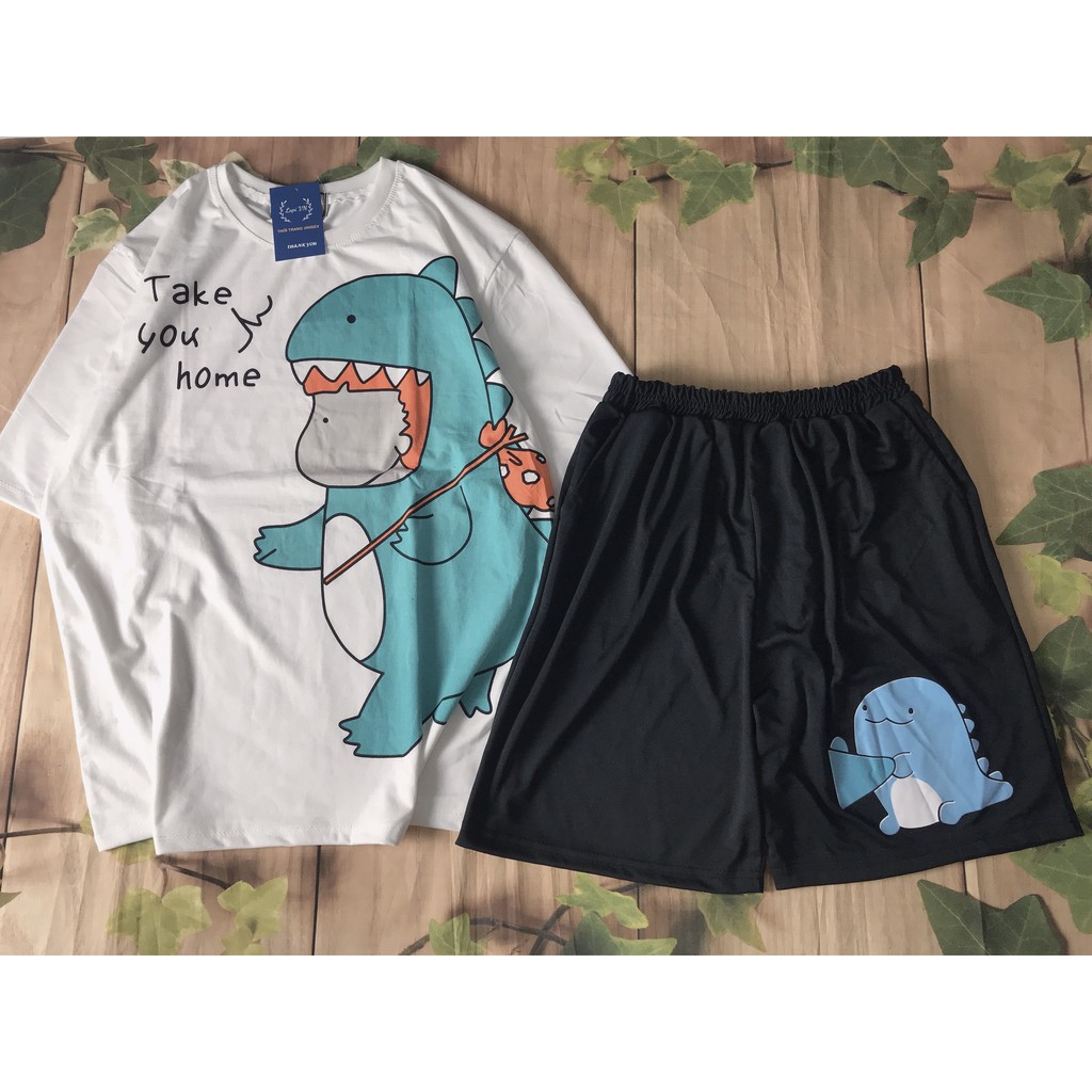 [ẢNH THẬT] Set Đồ Bộ Khủng Long " TAKE YOU HOME"  cartoon 3D Cute -Lapi VN Áo+ Quần Đùi Vải Thun Cotton, Freesize,Tay Lỡ