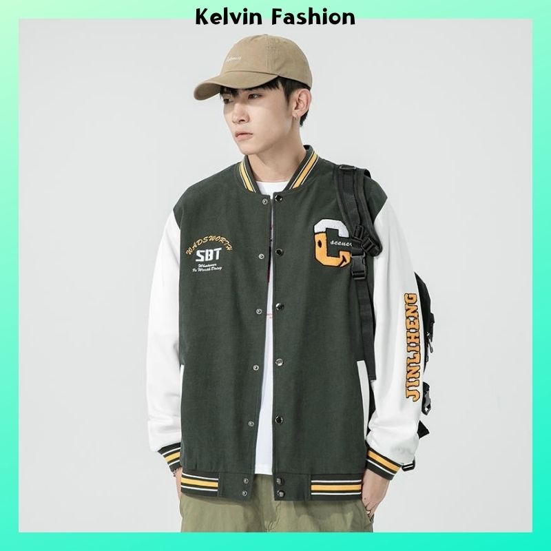 Áo khoác bomber nam kết hợp thêu logo, áo khoác nỉ bomber nam 2 lớp thời trang Hàn Quốc Kelvin Fashion - AKBN4