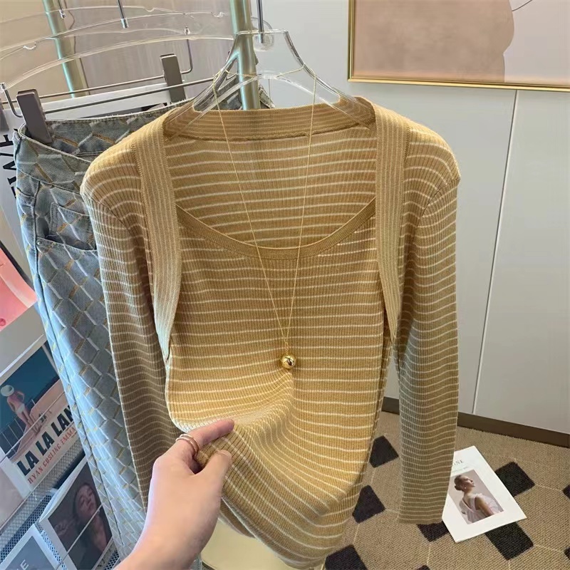 SUXI Áo Sweater Dệt Kim Tay Dài Dáng Ôm Kẻ Sọc Kiểu Vintage Thời Trang Mùa Thu Cho Nữ