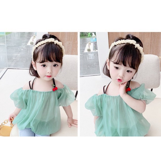 Bộ hè bé gái, set bộ áo voan trễ vai gắn sticker quả cherry kèm quần short jean cho bé