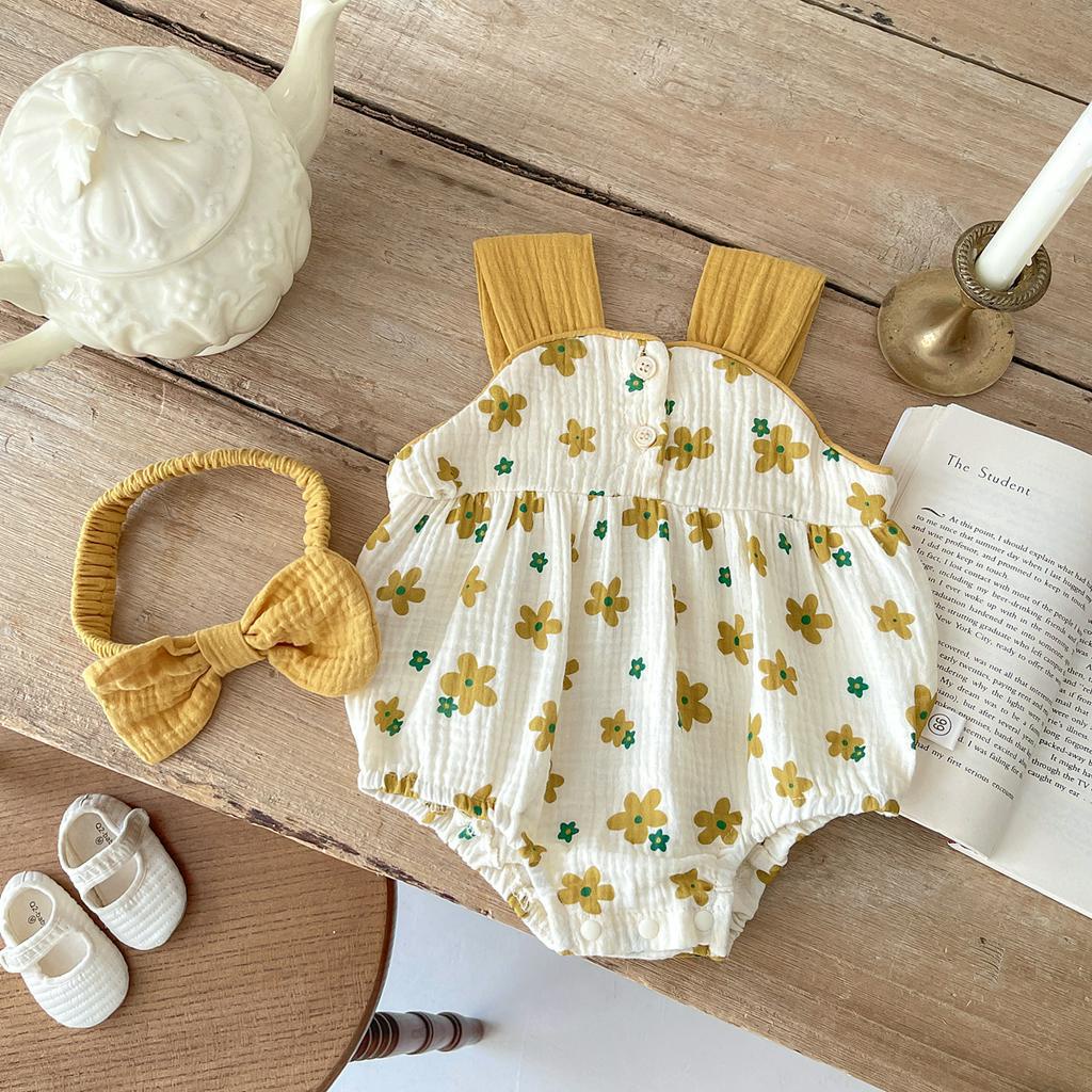 Set áo liền quần 2 dây in hoa + băng đô dễ thương cho bé gái sơ sinh