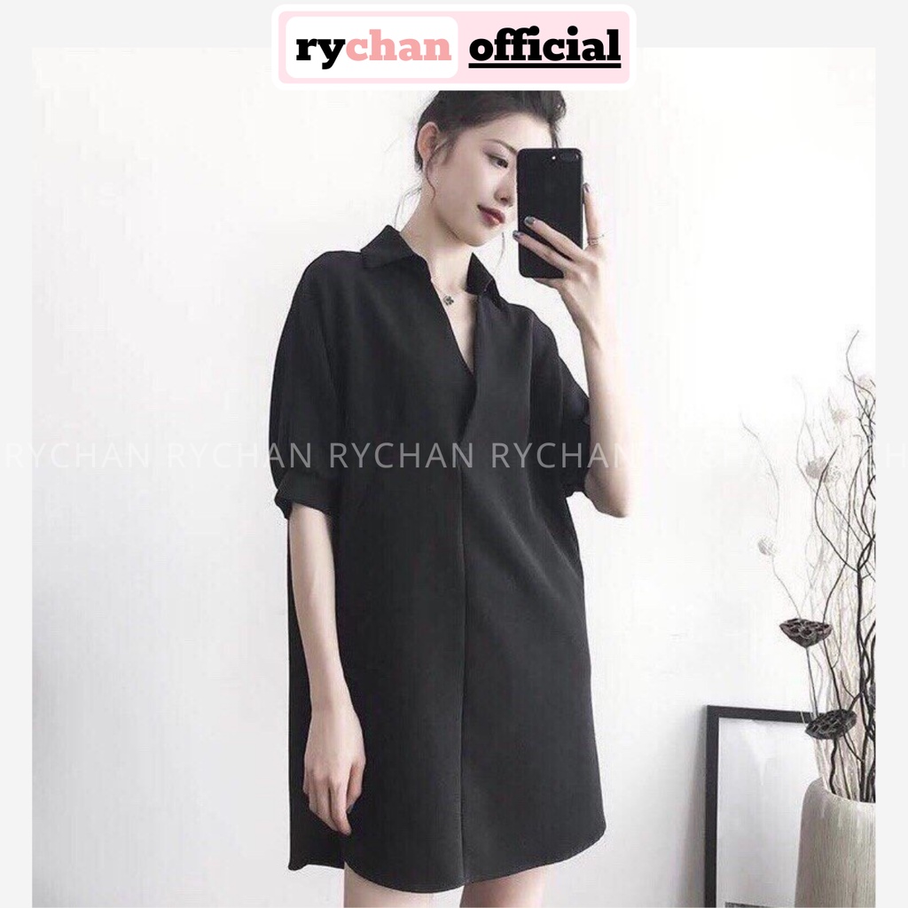 DX490 - Đầm Xòe Sơ Mi Đen Cột Eo Cực Xinh