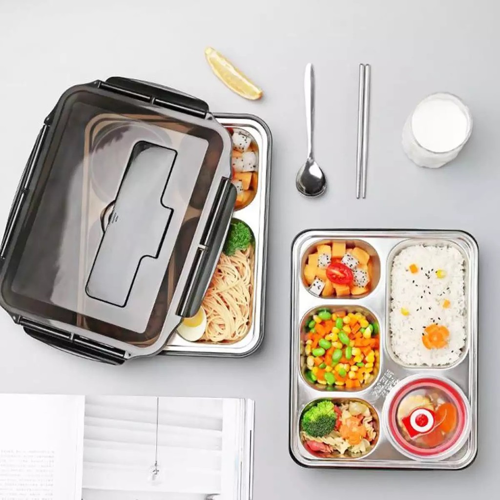 Hộp Cơm Văn Phòng 5 Ngăn Giữ Nhiệt Có Giá Đỡ Điện Thoại TẶNG Kèm 1 Bộ Đũa Muỗng