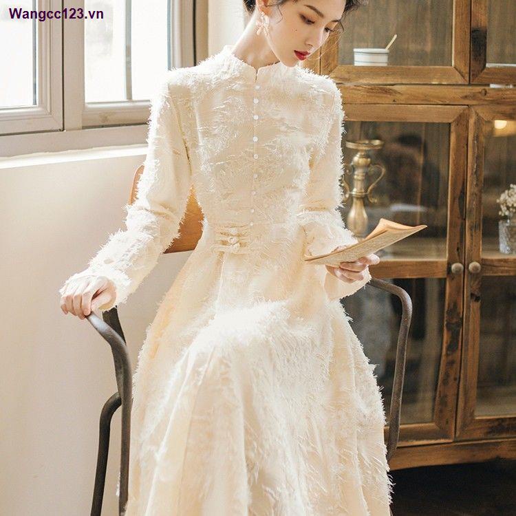 Đầm sườn xám cách tân tay dài lót nhung dày dặn thời trang thu đông cho nữ