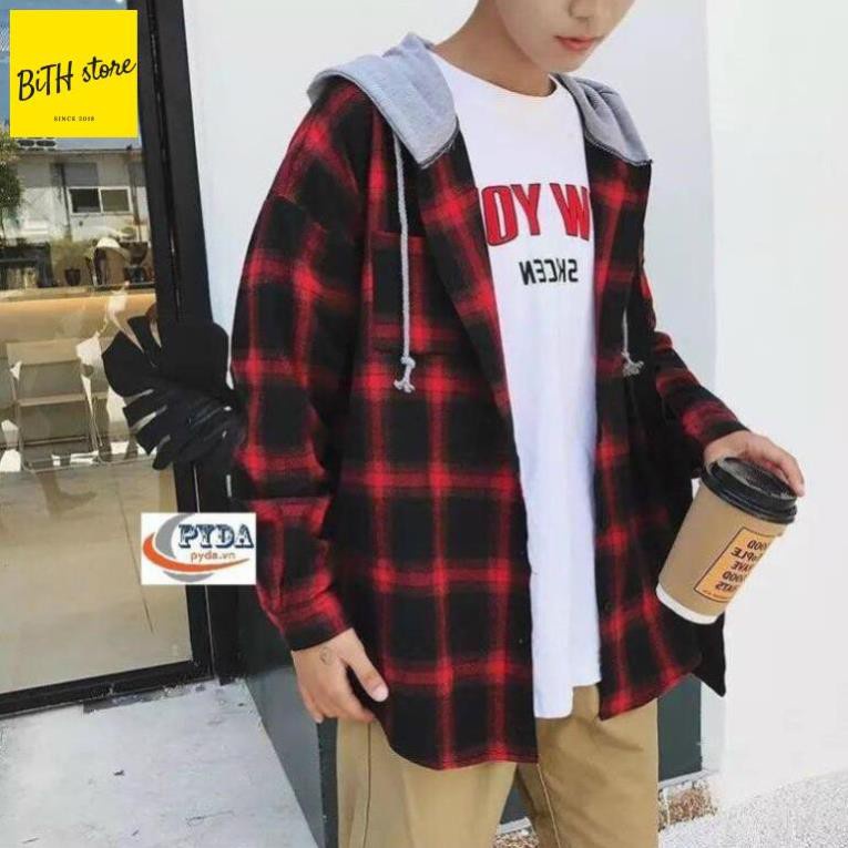 Áo khoác sơ mi chống nắng có mũ 2 lớp vải sơ mi caro cho nam và nữ