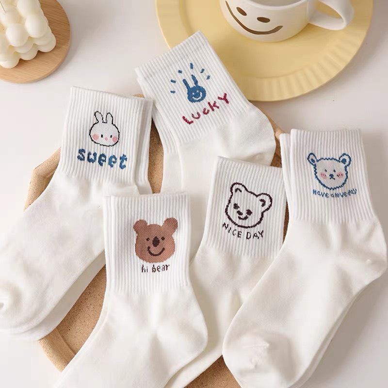 Tất Vớ Nữ Cổ Cao Màu Trắng Hoạ Tiết Cute Phong Cách Hàn Quốc T01