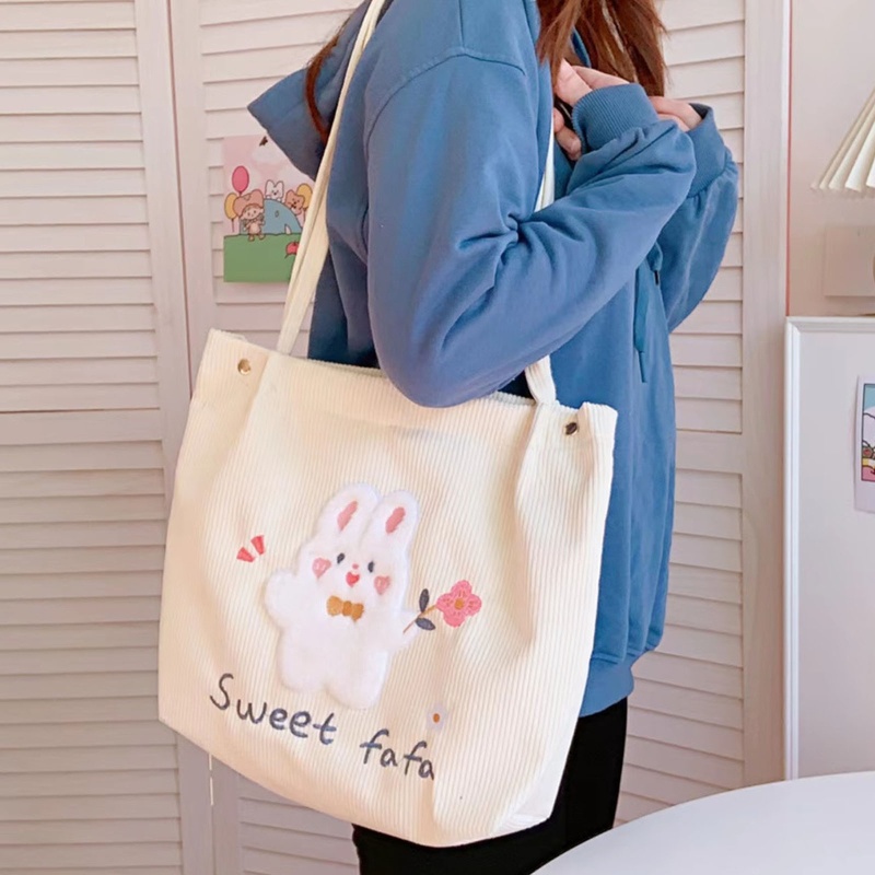 Túi Xách Tote Vải Nhung Kẻ In Hình Thỏ / Gấu Cỡ Lớn Cho Nữ