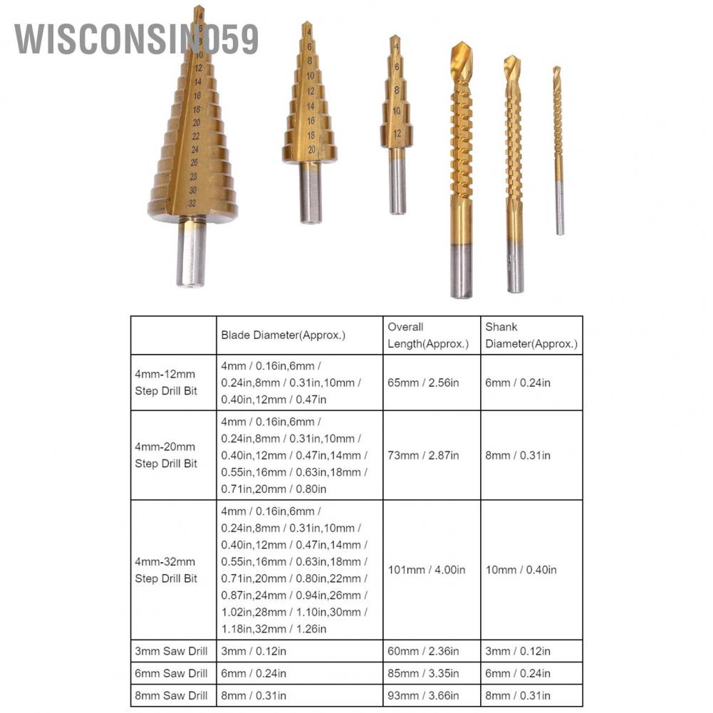 [Hàng Sẵn] 6 cái / bộ khoan titan HSS đặt tròn Shank thẳng rãnh bước khoan bit cho kim loại gỗ mỏng【Wisconsin059】