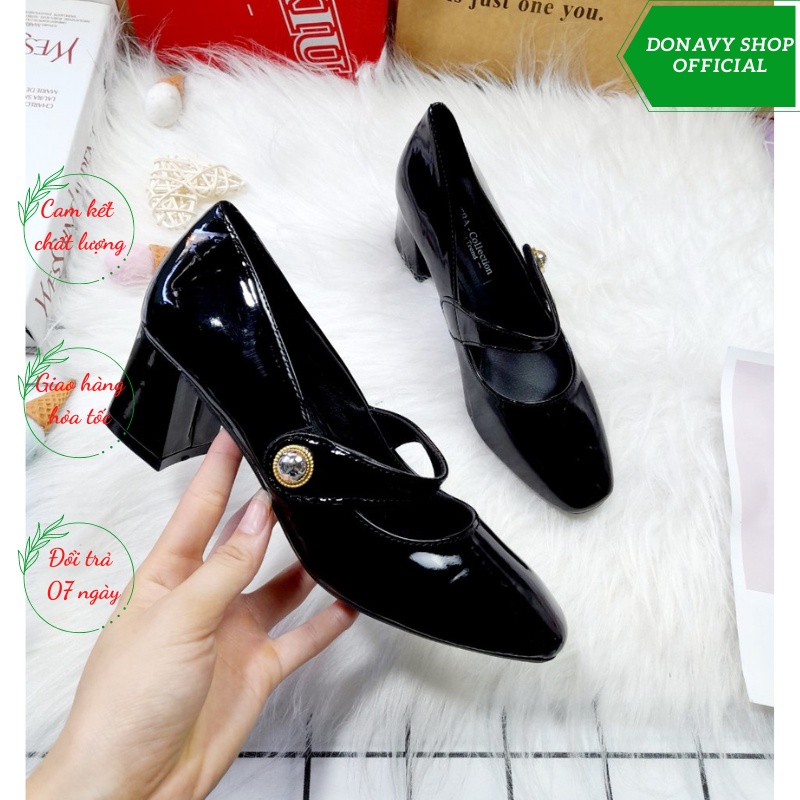[MẪU HÓT NĂM] Giày Cao Gót Bít Mũi Dây Ngang Đế Vuồng 5p Đính Ngọc Giay_bb_7p