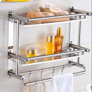 Giá /kệ inox treo tường dán keo 2 tầng có móc treo đa năng tiện dụng cao cấp để đồ nhà tắm nhà bếp