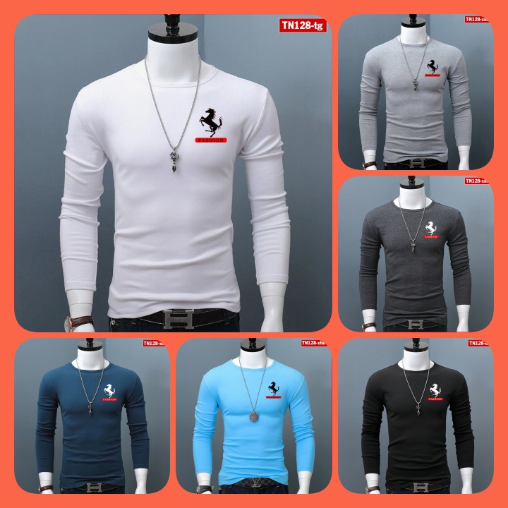 Áo thun nam tay dài TN128 logo con ngựa vải sợi tre tổng hợp bảo vệ môi trường