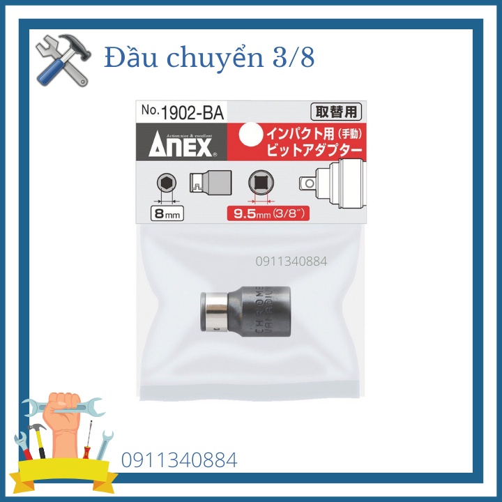 Đầu chuyển 3/8'' sang mũi vít 8mm Anex Nhật Bản-Đầu cắm chuyển đổi đầu tuýp 3/8 inch