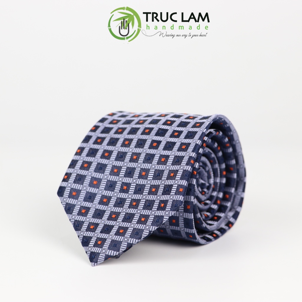 Cà Vạt Lụa 8cm Cho Nam Cao Cấp Họa Tiết Chấm Vuông Xanh Bạc Sang Trọng MS6 - Trúc Lâm Handmade