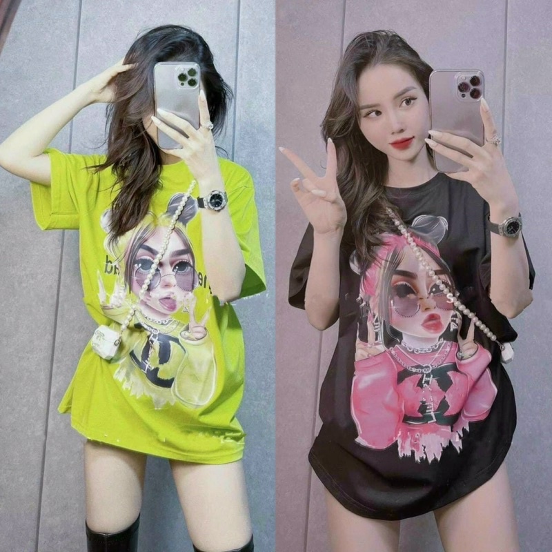 Áo thun tay lỡ unissex in hình cô gái CH ANEL from rộn giấu quần  2 màu xanh , đen alohashop91