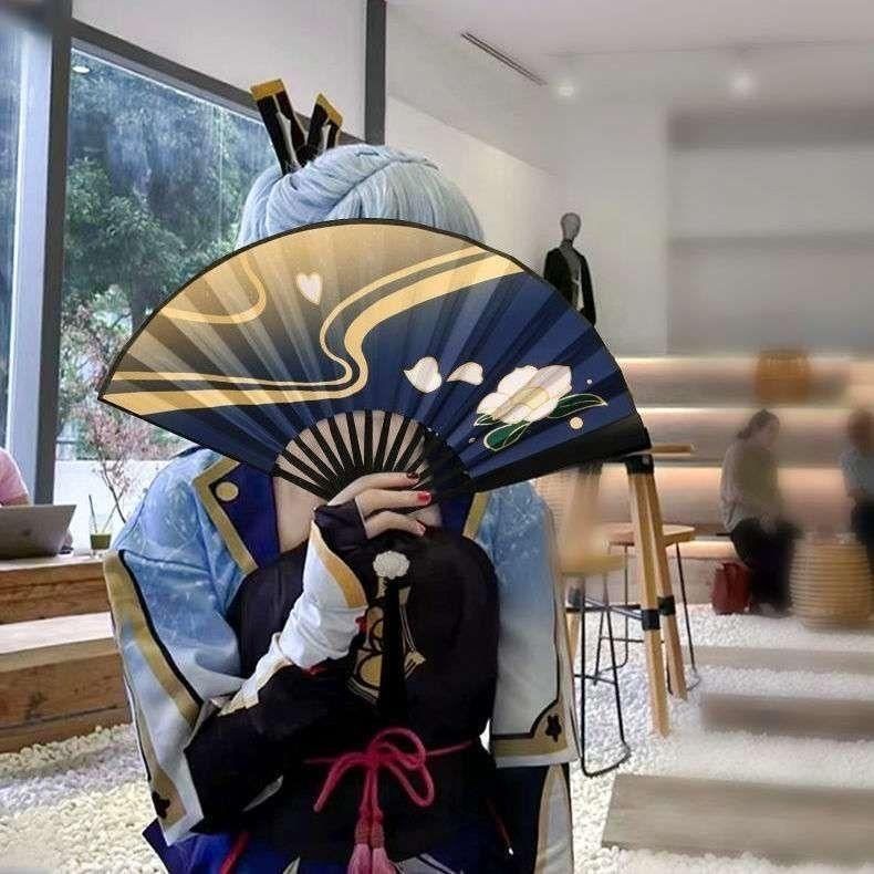 Genshin impact gấp quạt Kamizato Ayaka (Mặt dây chuyền + hộp) Zhongli Hutao Quạt 8 inch cosplay lụa XzKV