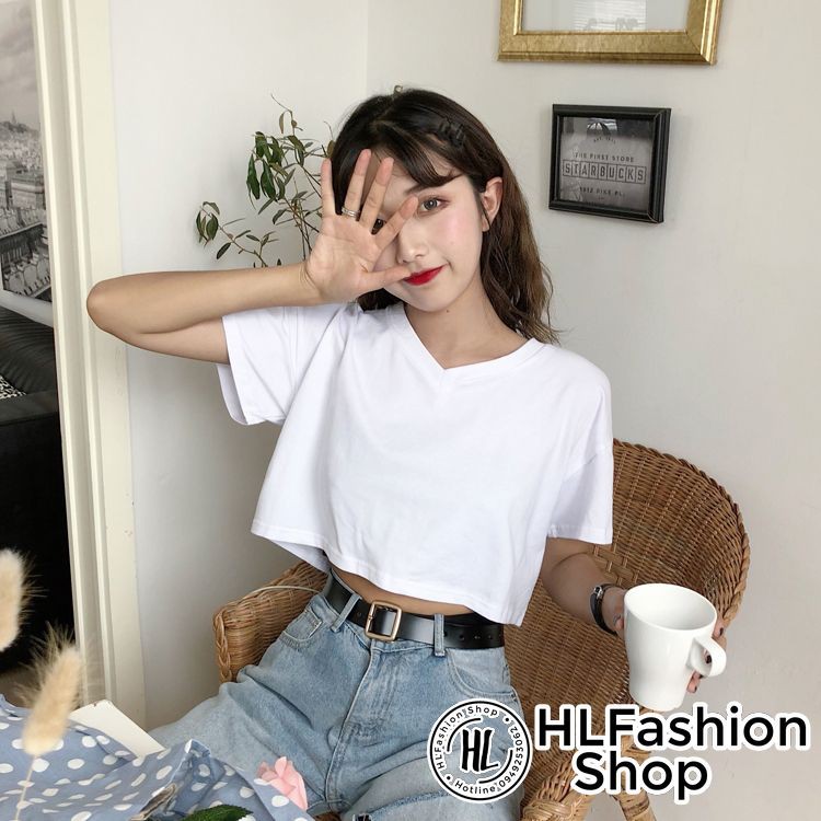 Áo croptop thun trơn nữ cổ tim cực năng động trẻ trung HLFashion HLFNoCotton