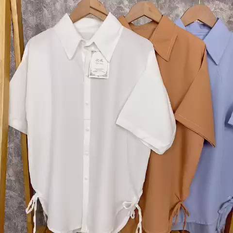 Áo sơ mi nữ phom rộng rút dây sườn hottrend phong cách vintage hàn quốc trẻ trung năng động chất đũi mát