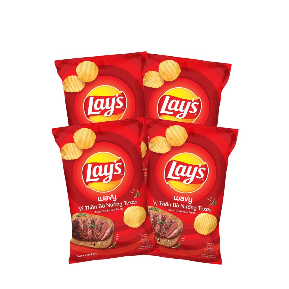 Combo 4 Snack Khoai Tây Lay's Wavy vị Thăn Bò Nướng Texas 95g/gói