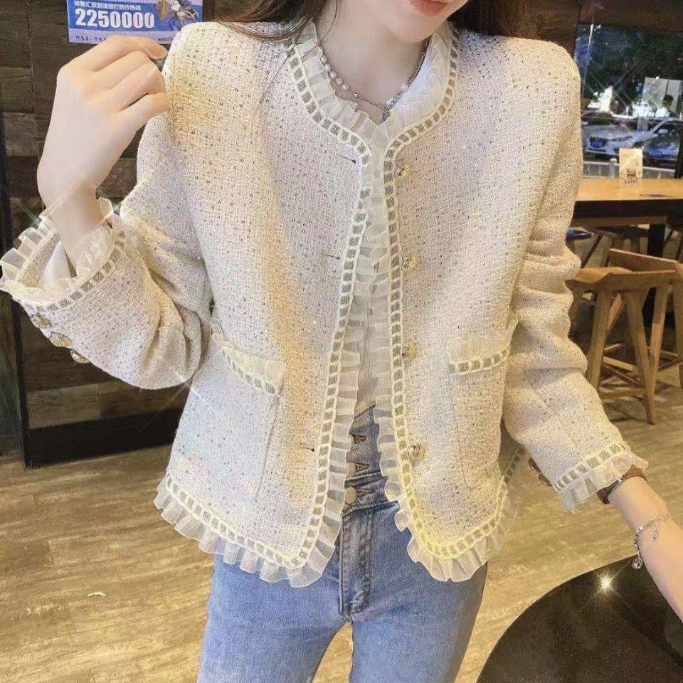 Áo Khoác Ngắn Vải tweed Phối Lưới Phong Cách retro Mùa Thu Cho Nữ