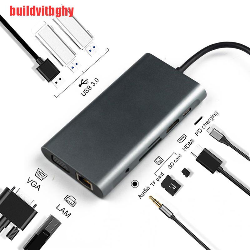 (Mua-C) Dock Chuyển Đổi 10 Trong 1 Usb Hub Type-C Sang Usb3.0X3 + Hdmi + Tf + Rj45 + Pd + 3.5mm + Vga