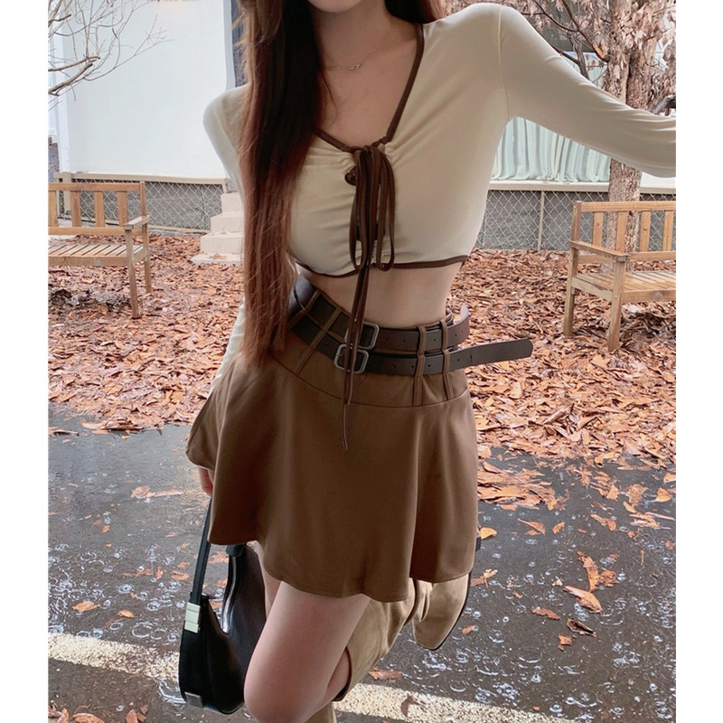 Bộ Áo Thun Tay Dài Dáng Ôm + Chân Váy Chữ A Eo Cao Quyến Rũ Trẻ Trung Cho Bạn