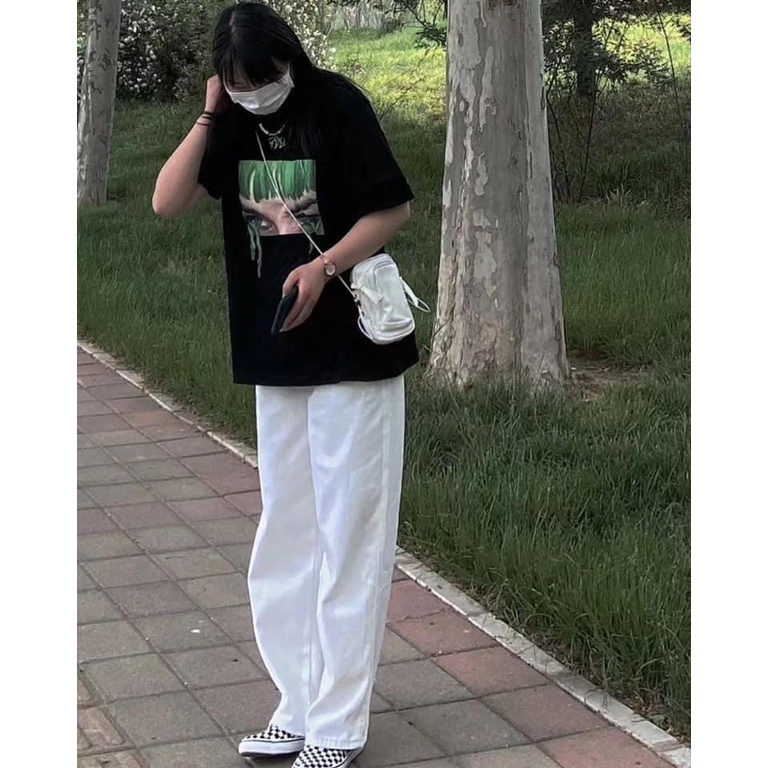 Set quần kaki trắng kèm áo thun đen in hình tay lỡ form rộng unisex, quần kaki dáng suông trẻ trung
