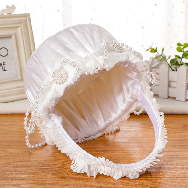 Giỏ Hoa Cưới Bằng Satin Có Tay Cầm Màu Trắng Đính Ngọc Trai