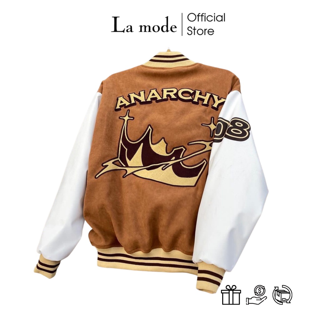 Áo Khoác Bomber Nhung Gân Tăm Thêu L- ANARCHY Jacket Varsity Unisex Form Rộng Ulzzang - La mode