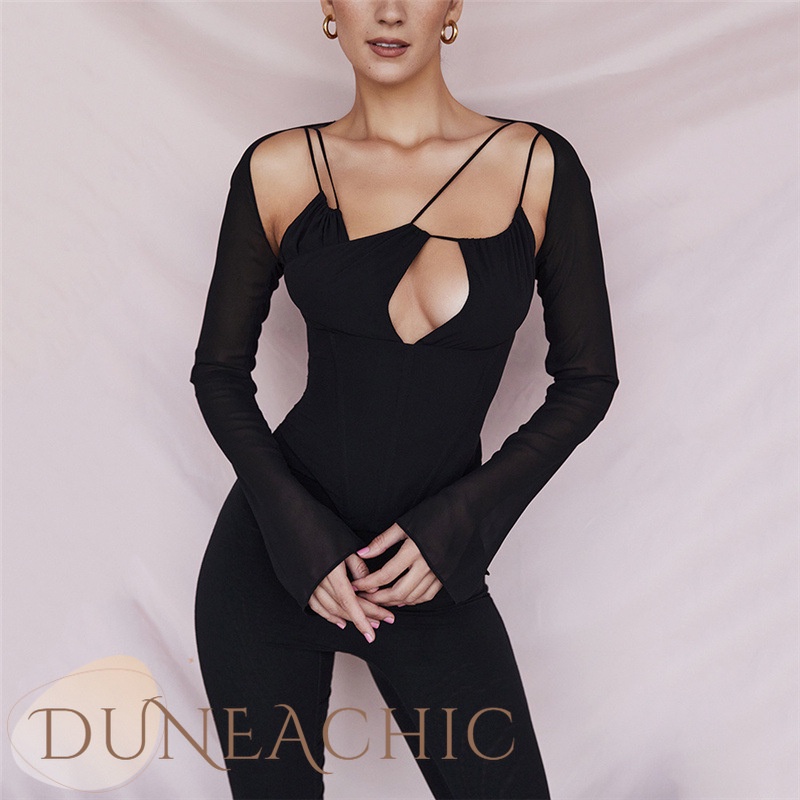 DUNEA Áo Thun Tay Phối Lưới Màu Trơn Thời Trang Cho Nữ