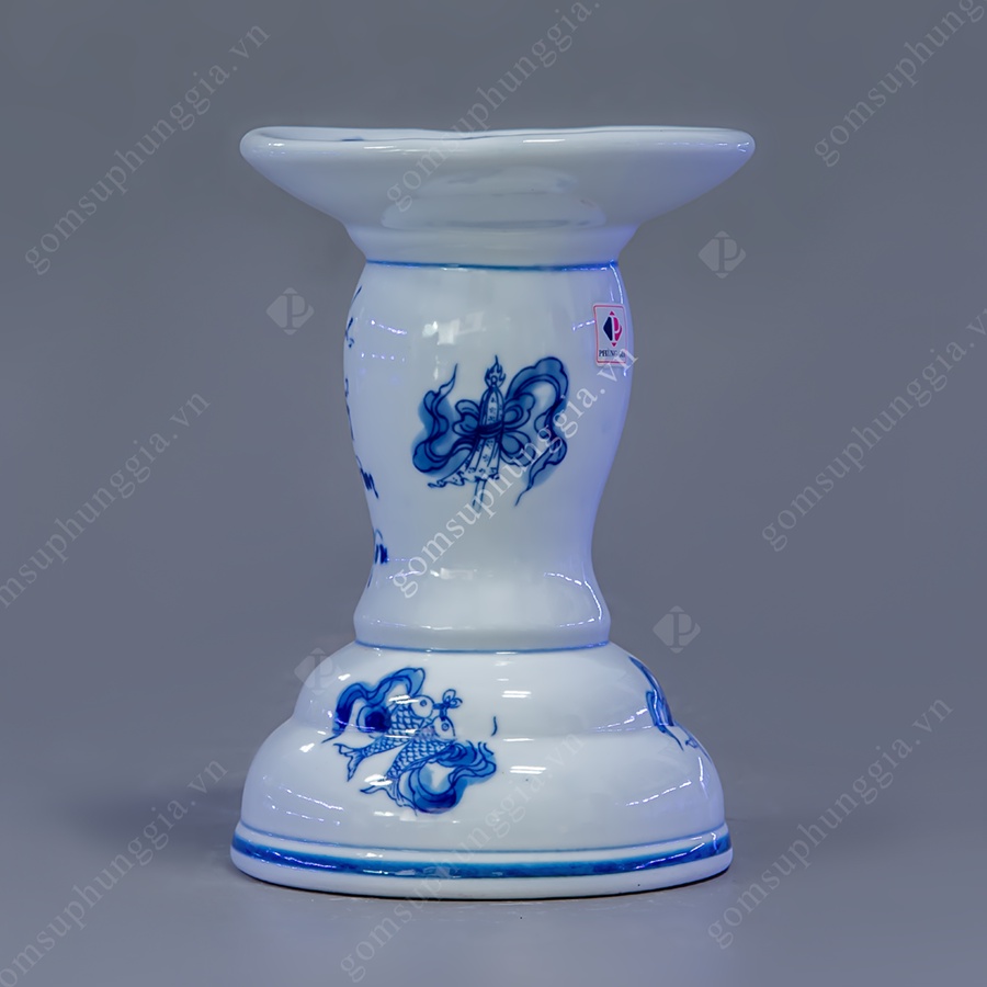 Chân đế nến hoạ tiết Ngũ Phúc nhiều kích cỡ men Lam Trắng Trơn, đồ thờ cúng Phùng Gia - Gốm sứ Bát Tràng cao cấp