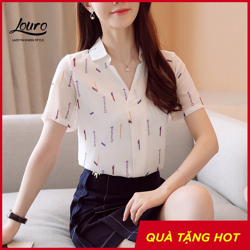 Áo sơ mi nữ công sở Louro L125, CÓ ẢNH THẬT mẫu áo kiểu ngắn tay, cổ bẻ, họa tiết đơn giản