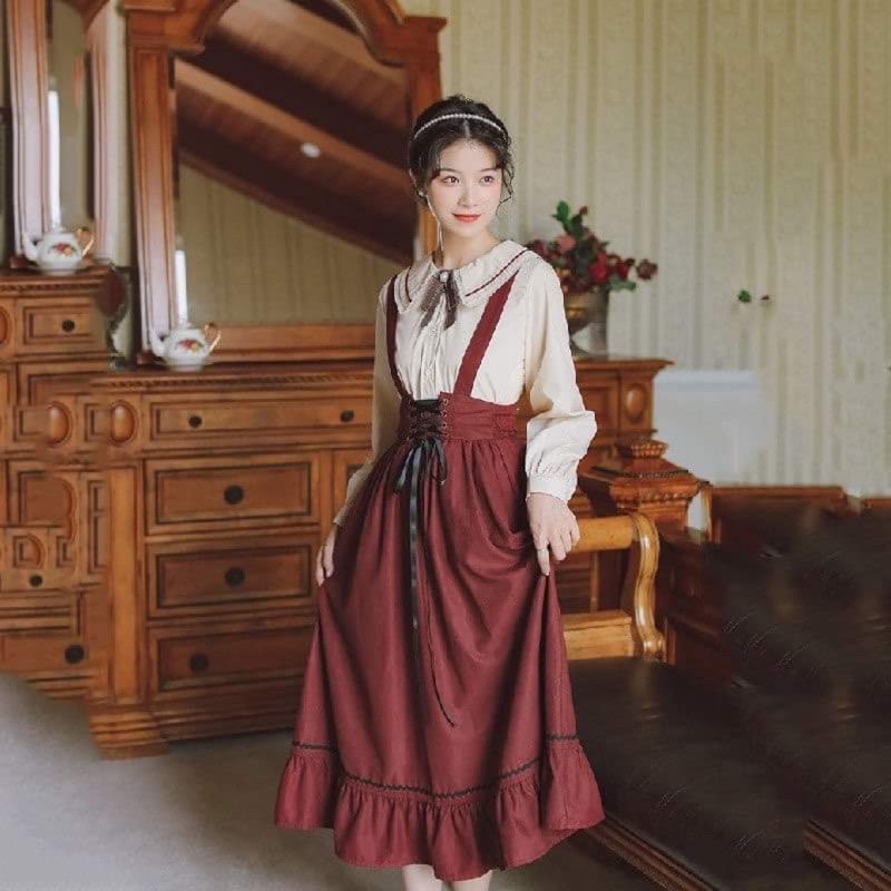 (Hàng Order không có sẵn) Áo sơ mi cổ sen, thắt nơ, tay phồng kèm chân váy vintage, phong cách cổ điển, chất liệu dày | BigBuy360 - bigbuy360.vn