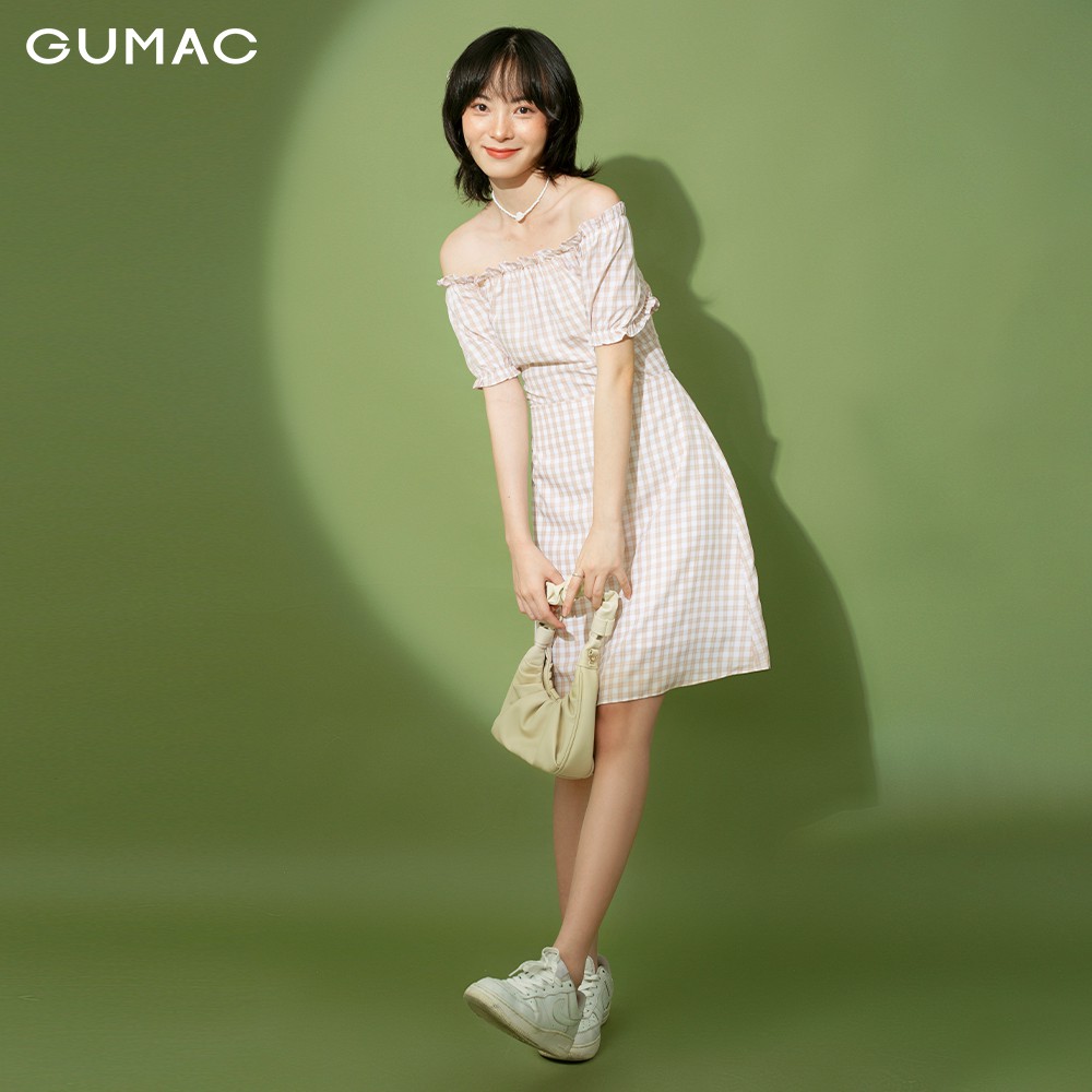 [Mã MABR07062 giảm 8% tối đa 50K đơn từ 249K] Đầm nữ ôm GUMAC caro bẹt vai ngắn tay năng động DB1169 | BigBuy360 - bigbuy360.vn