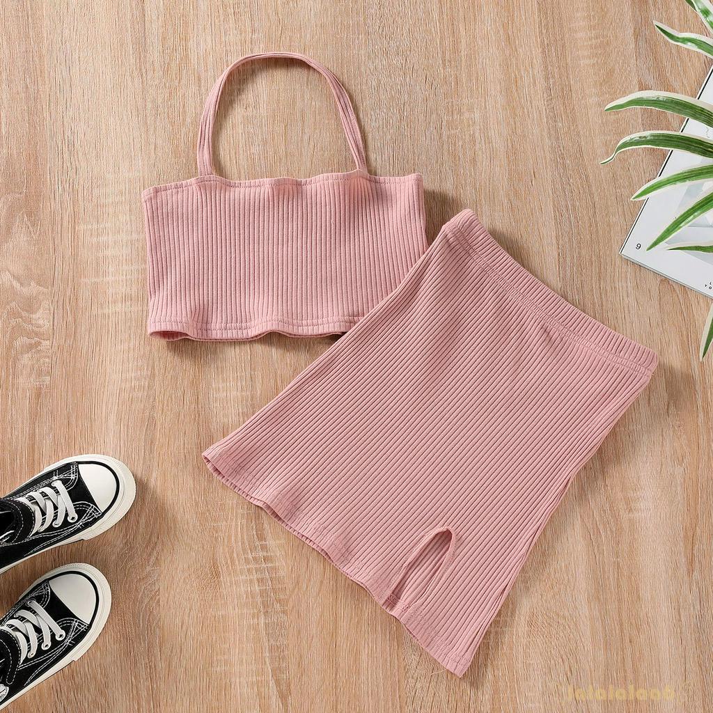 Bộ Áo Cổ Yếm Không Tay Và Chân Váy Xẻ Tà Thời Trang Hè Thoải Mái Cho Bé Gái 2-7 Tuổi
