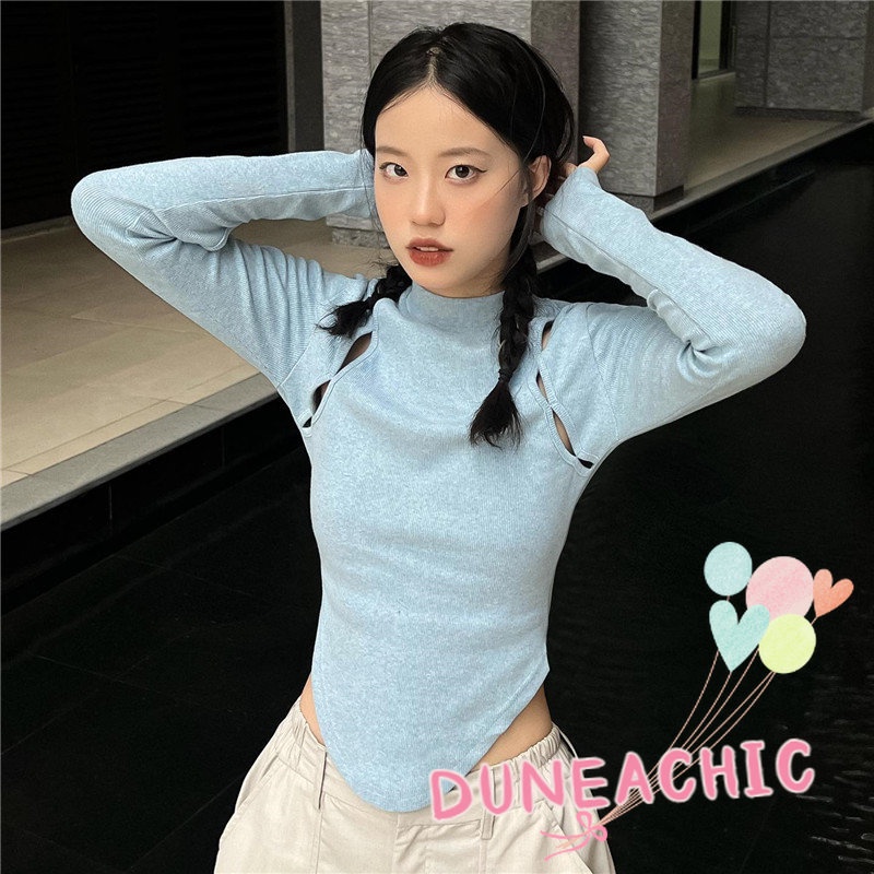 DUNEA Áo Thun Nữ Tay Dài Cổ Cao Màu Trơn Thời Trang