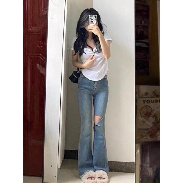 Quần jean ống loe rách xẻ nữ có BIGSIZE - quần bò denim  ống loe nữ cạp cao co dãn siêu hack chân phong cách ulzzang